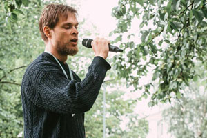 Poet Jonimatti Joutsijärvi @ the unveiling of the Tree of Poetry mural. Photo by Riikka Vaahtera